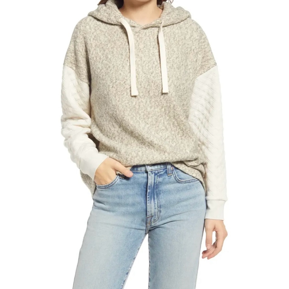 Madewell Quilted Sleeve Cozy Pullover Top Greige Ivory, XS